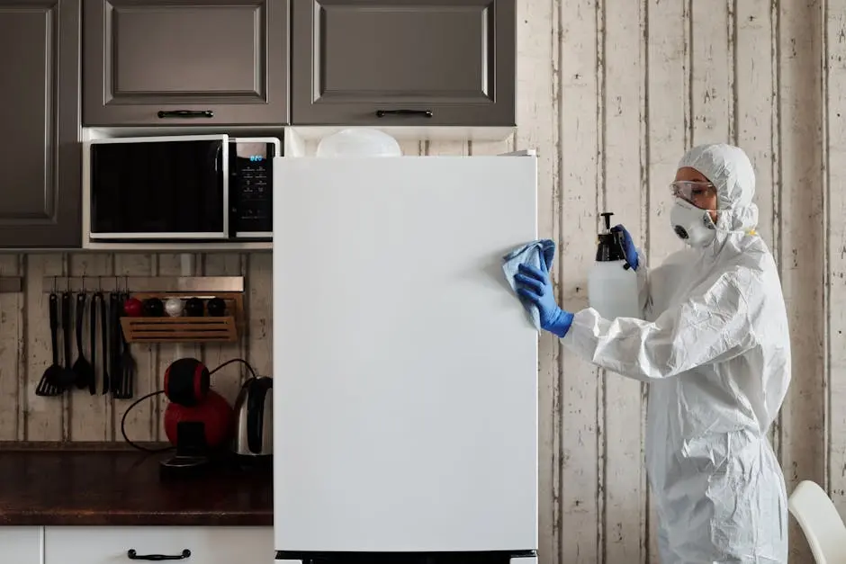 A person in white suit cleaning an open refrigerator.