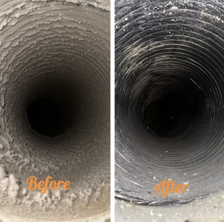 Side-by-side comparison of an air duct before and after professional cleaning, showing a dusty and dirty duct transformed into a clean and polished one.