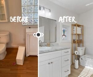 Before and after of a hurricane-damaged bathroom, now featuring a new vanity, fresh paint, and modern lighting.