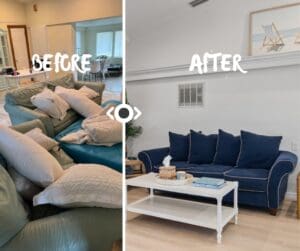 Before and after transformation of a hurricane-damaged living room, restored with fresh paint, new flooring, and modern furniture.