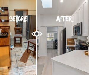 Before and after kitchen transformation featuring upgraded white cabinetry, modern countertops, and new stainless steel appliances.