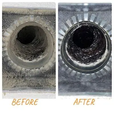 Before and after image of a cleaned air duct showing significant dust removal.