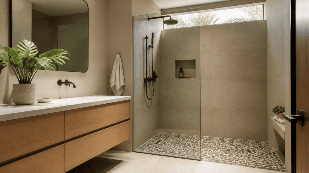 A luxury spa-inspired bathroom remodeling in Fort Myers featuring a curbless walk-in shower and natural textures.