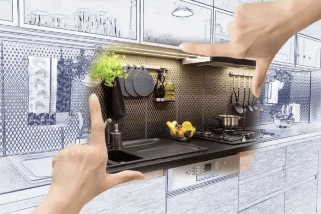 A conceptual view of a kitchen remodel in Port Charlotte from blueprint design to final cabinetry installation.