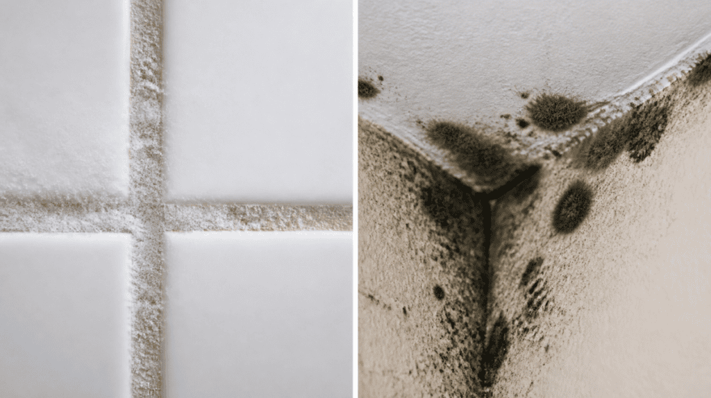 Split-screen comparison of powdery mildew on tile grout versus fuzzy black mold on a drywall ceiling in a Florida home for mold remediation fort myers.