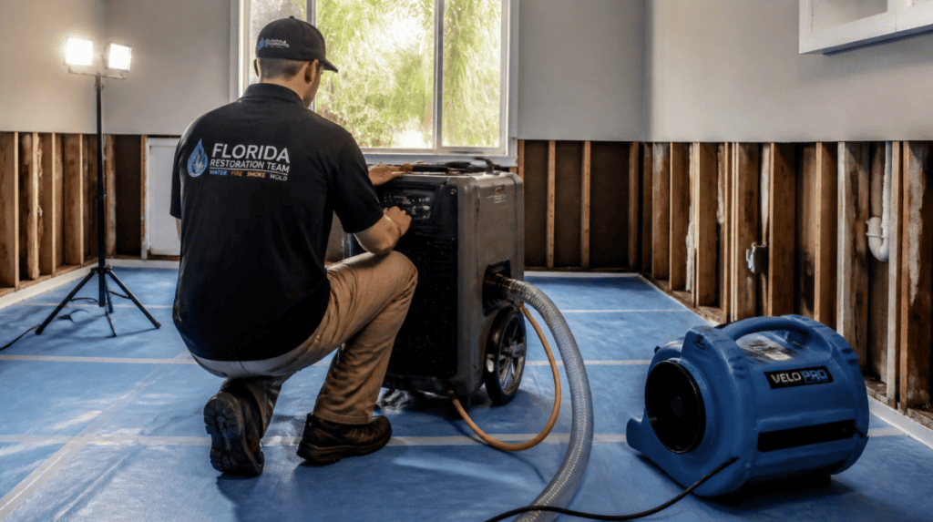 Licensed expert performing water damage restoration in a home that has experienced significant water damage.