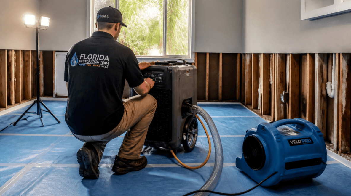Licensed expert performing water damage restoration in a home that has experienced significant water damage.