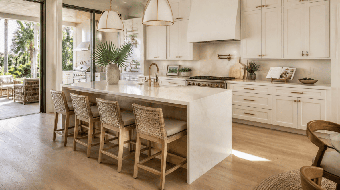 beautiful and bright kitchen with granite counters, white cabinets, white light fixtures, wood floors, and other updates after completing a kitchen remodeling Naples fl.