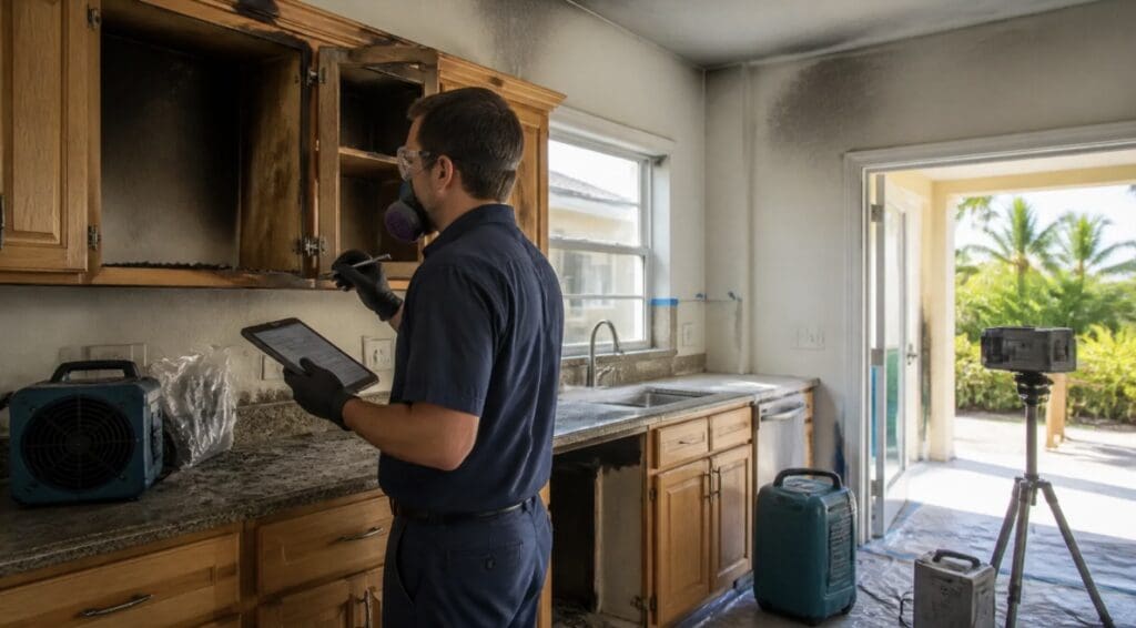 Fire damage restoration southwest florida professional documenting smoke and soot damage