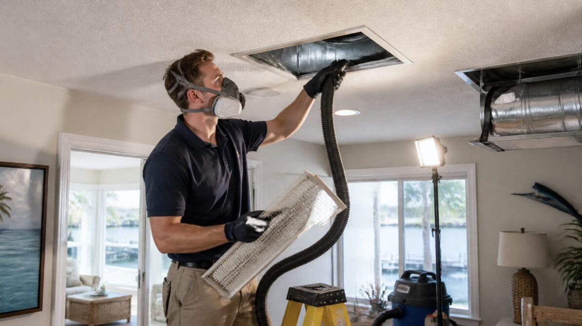 Professional technician performing air duct cleaning cape coral service in a Southwest Florida home
